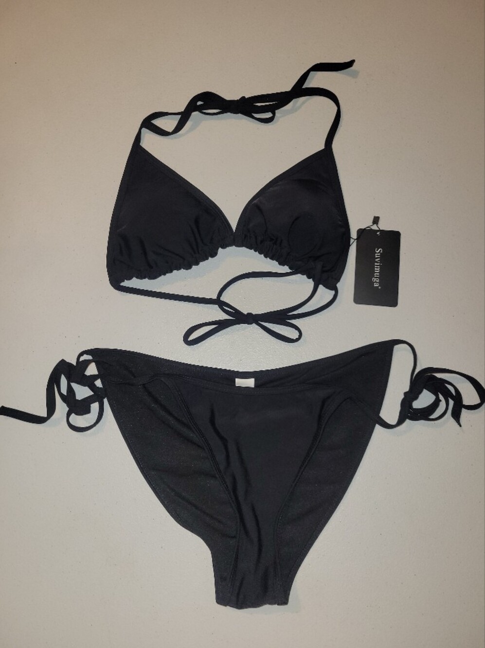 Suvimuga, Black Tie-String Triangle Bikini Set, L